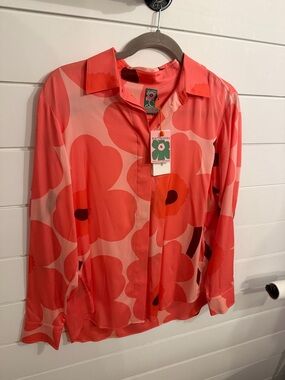 Marimekko Coral Pink Unikko Floral Silk Shirt size 38